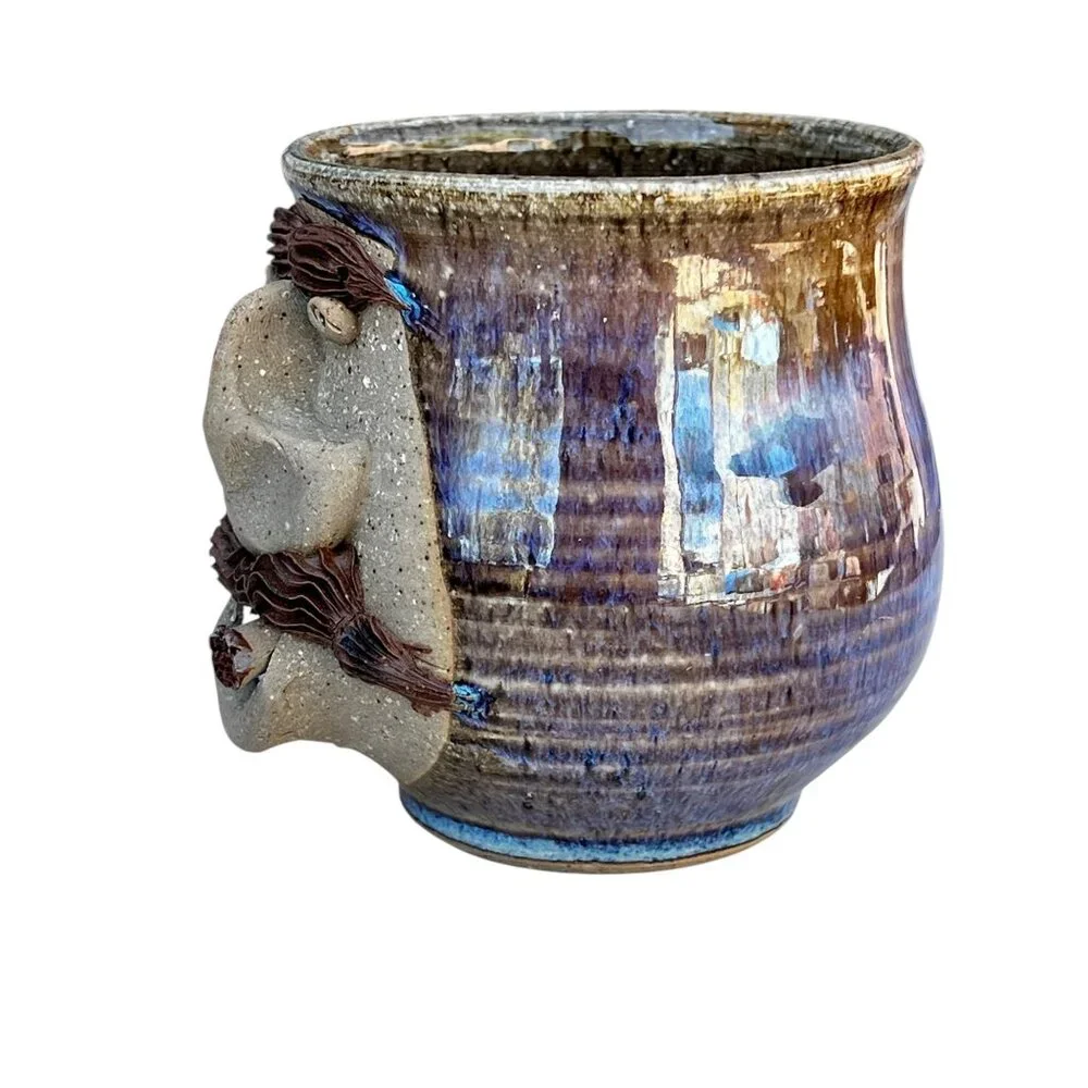 Handcrafted Thrown Ceramic Mug Whimsical Face with Cigar Stamped UR on bottom - Picture 5 of 16